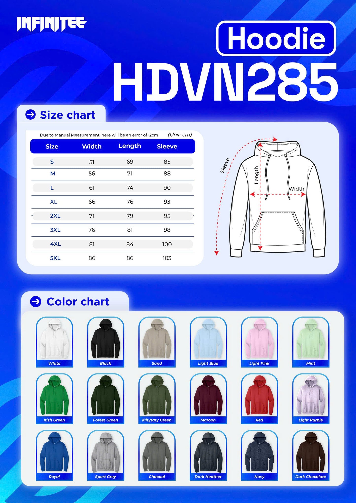 Hoodie size and color chart with Infinitee branding on a blue background
