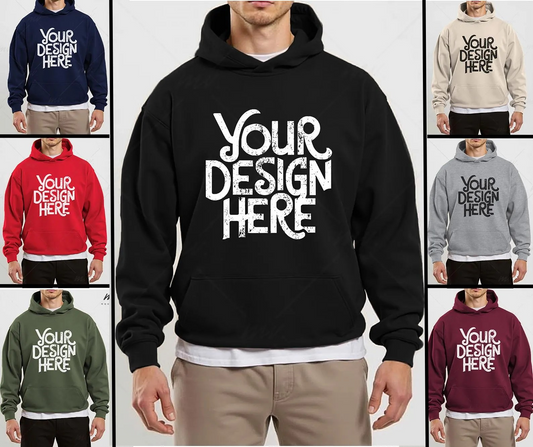 Black hoodie with 'Your Design Here' text, surrounded by other color options on a white background