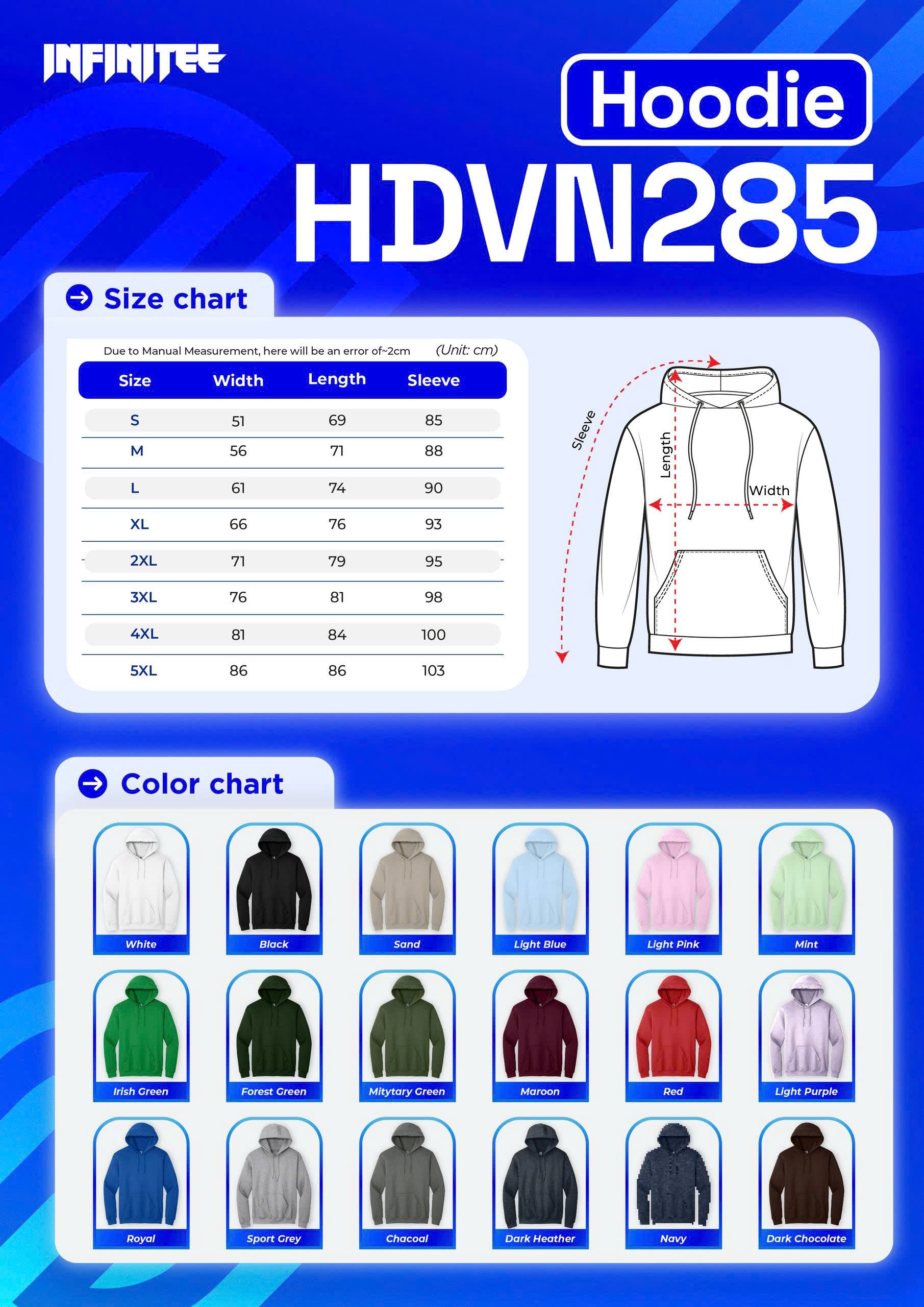 Hoodie size and color chart with Infinitee branding on a blue background