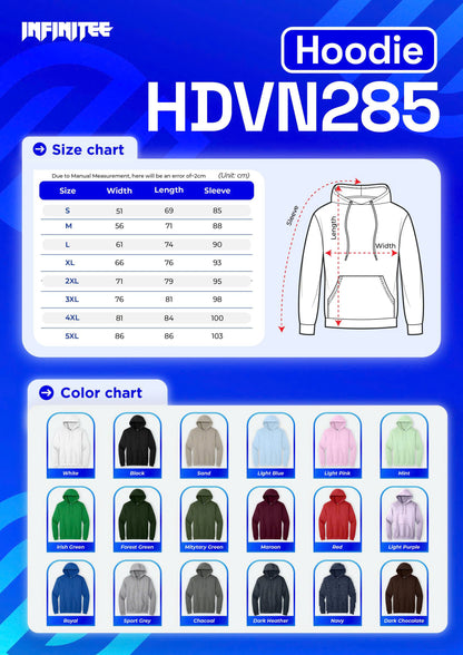 Hoodie size and color chart with Infinitee branding on a blue background