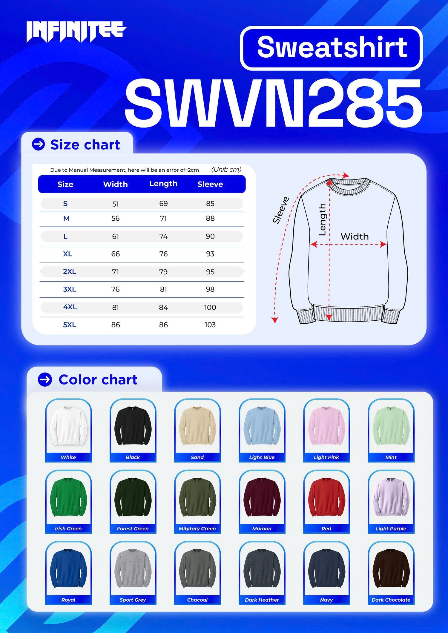 Infinitee sweatshirt size and color chart on a blue background