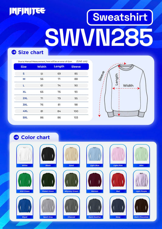 Infinitee sweatshirt size and color chart on a blue background